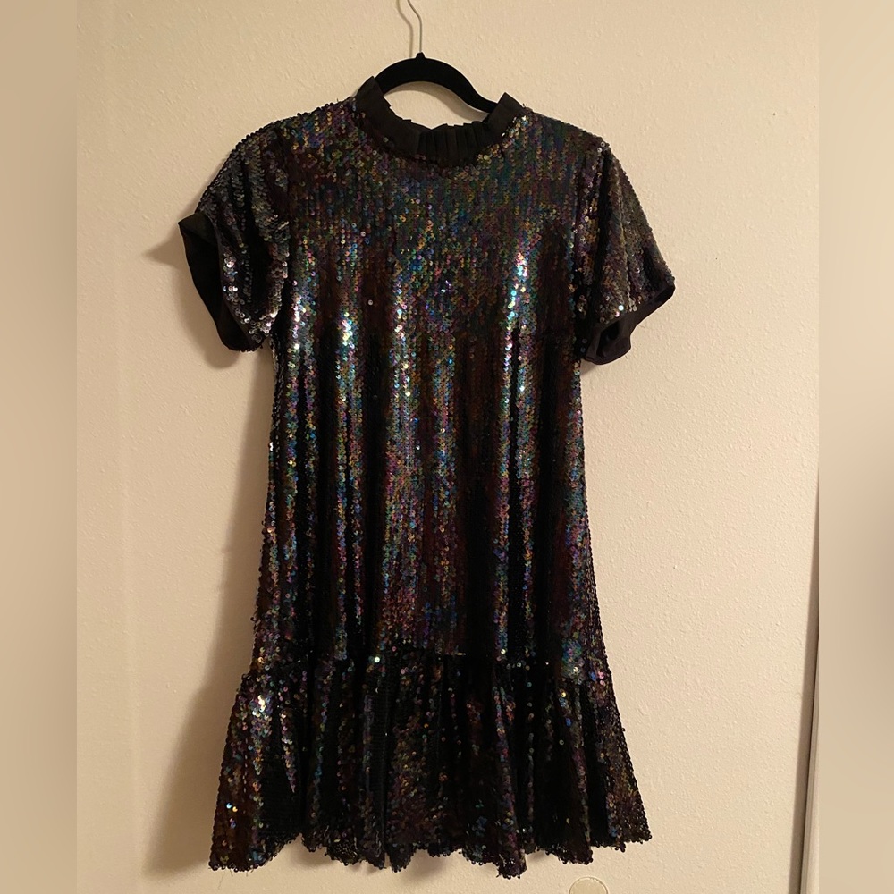 Drop waist sequins short sleeves dress